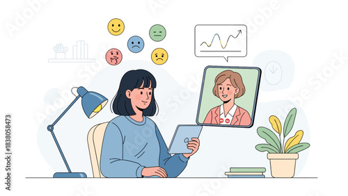 A young woman is having a video call with a therapist, discussing her emotions.