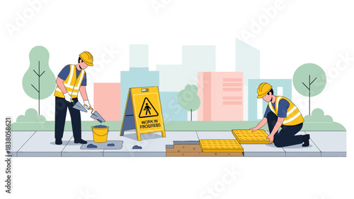 Two construction workers repairing a city sidewalk with tactile paving and cement, wearing safety gear and hard hats.
