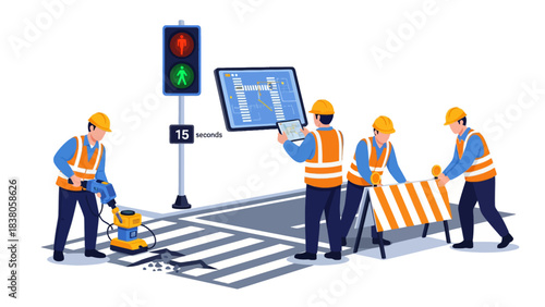 Construction workers setting up a temporary traffic signal and barriers on a pedestrian crossing.