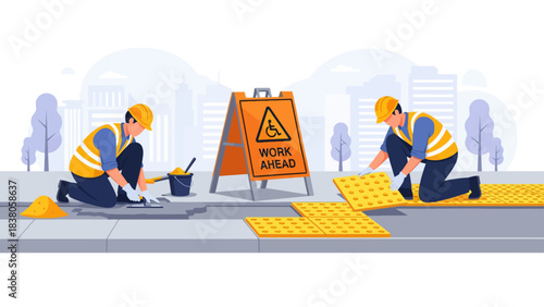 Two construction workers installing yellow tactile paving on a city sidewalk with a 'Work Ahead' sign, indicating road or pavement maintenance.