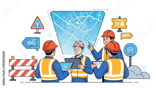 Construction workers collaborating around a digital map display, planning a project with safety signs and equipment.