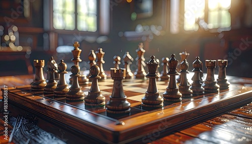 A richly detailed close-up shot of a wooden chess set poised for battle under warm, dramatic lighting.