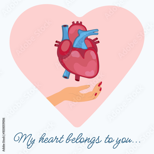 A romantic Valentine's Day card featuring an anatomical heart and hand