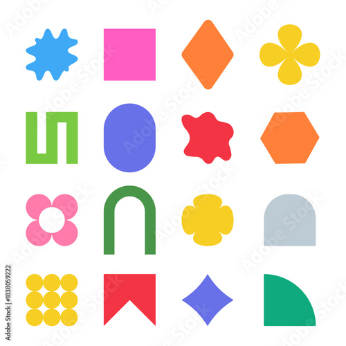 Abstract shape stickers with organic forms and retro geometric elements. Trendy Y2K graphic design shapes for creative branding and modern packaging projects.