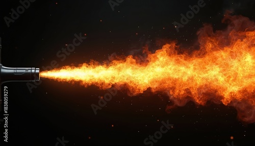 Illustration of fiery jet stream against black background. Blazing orange flames emanate from the nozzle. Abstract illustration represents energy power intense movement speed and impact.
