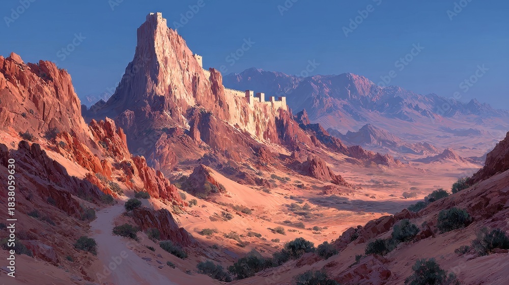 Naklejka premium A breathtaking desert landscape featuring a majestic ancient castle perched atop a rocky formation under a clear blue sky. The scene evokes a sense of history and adventure.