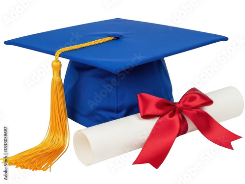 Blue graduation cap with yellow tassel and rolled diploma tied with a red ribbon, isolated on transparent background