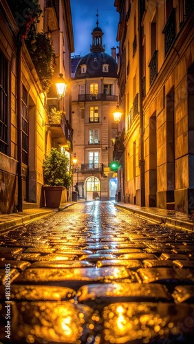 A charming, narrow European street glows warmly after a rain shower at twilight.