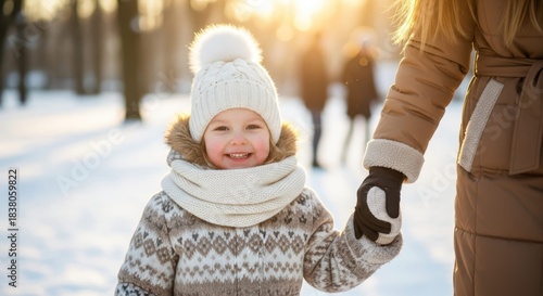Wallpaper Mural Winter Walk: A child in cozy winter wear holds hands with a person, embarking on a heartwarming stroll through a snow-covered park on a crisp winter day. Torontodigital.ca