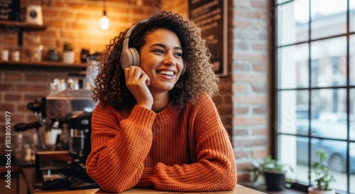 Serene Soundtrack: A woman smiles contentedly, immersing herself in music through her headphones, within a cozy coffee shop. Capturing moments of peace, enjoyment, and modern lifestyle.