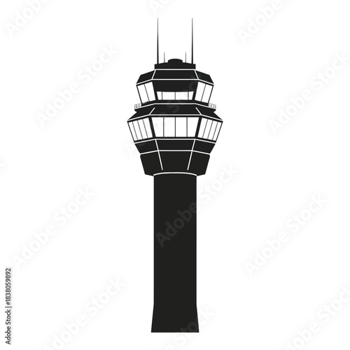 A simple black and white illustration of an airport control tower