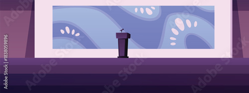 An empty lecture hall with a digital abstract screen, a podium on a stage with a microphone.