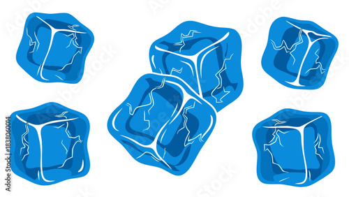Several blue ice cubes with white outlines scattered on a black background with visible internal cracks and frosted texture.