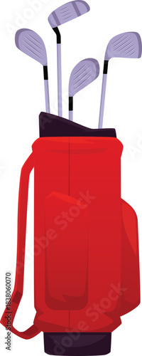 Red golf bag with metal clubs, equipment for the game.
