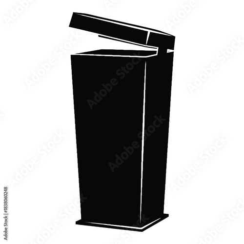 Simple black and white illustration of an open trash can or bin