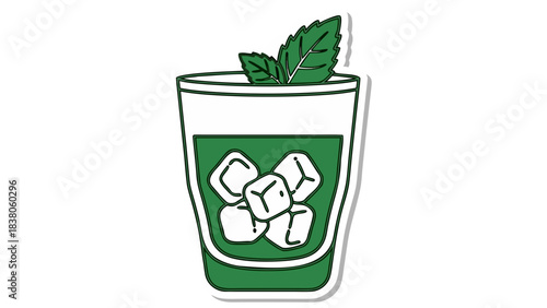 Refreshing Green Drink with Ice Cubes and Mint Garnish in a Clear Glass with White Outline on Black Background