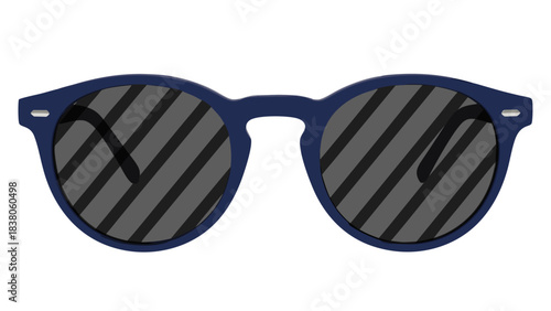 Round Blue Sunglasses With Dark Striped Lenses and White Accents On a Transparent Background