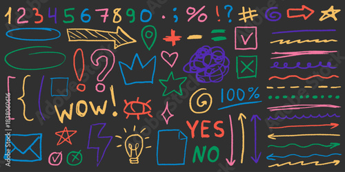 Charcoal graffiti doodle punk shapes with girly curls, rough grainy strokes, messy crowns, wild scribbles and edgy abstract scrawls in bold texture.