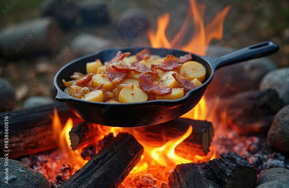 Fototapeta premium Cooking food in pan over open campfire. Potato and bacon fries are fried on nature in cast iron skillet. Campfire cooking provides warm meal at camp. Burning flames and campfire smoke rise.