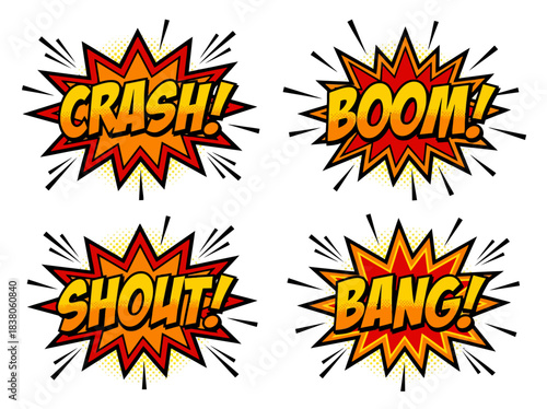 Comic book sound effects in explosive starburst shapes CRASH, BOOM, SHOUT, BANG