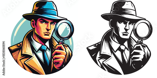 vector and silhouette set of detectives on white background