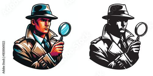 vector and silhouette set of detectives on white background