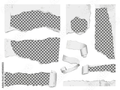 Versatile graphic collection of ripped paper elements with realistic torn edges and curled corners, ideal for creating unique visual frames and distressed design overlays