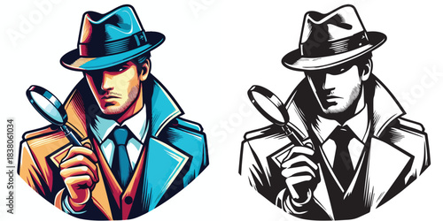 vector and silhouette set of detectives on white background