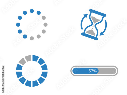 Set of four loading icons depicting progress indicators, including circular spinners, hourglass, and progress bars representing waiting or buffering