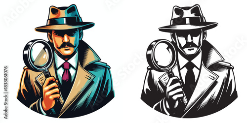 vector and silhouette set of detectives on white background