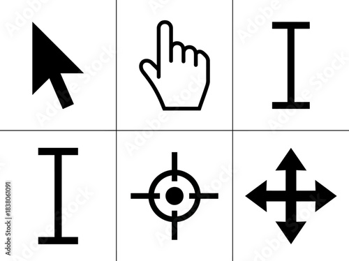 Set of six computer cursor icons including arrow, hand, I-beam, crosshairs, and directional arrows for web and interface design