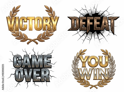 Graphic illustrations of victory and defeat symbols with laurel wreaths and shattered effects