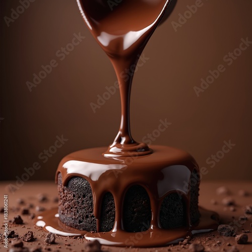 Warm, rich chocolate sauce cascades over a dark chocolate cake. Molten sweetness drapes rich cake base, creating decadent dessert appeal. This is pure indulgence.