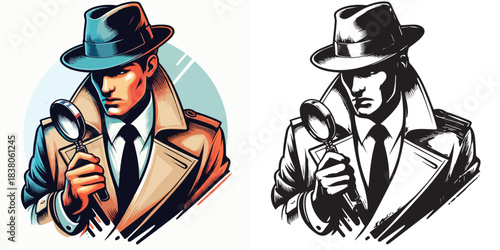 vector and silhouette set of detectives on white background