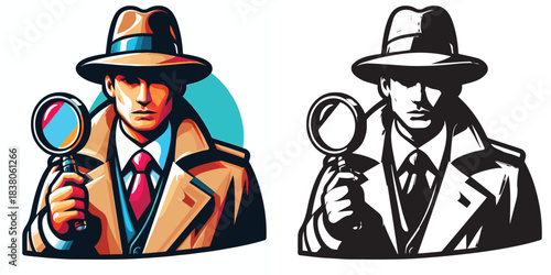 vector and silhouette set of detectives on white background