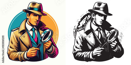 vector and silhouette set of detectives on white background