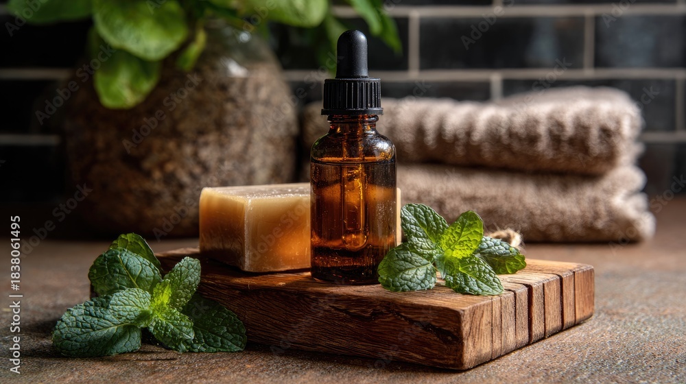 Naklejka premium Aromatherapy oil and mint leaves for natural skincare