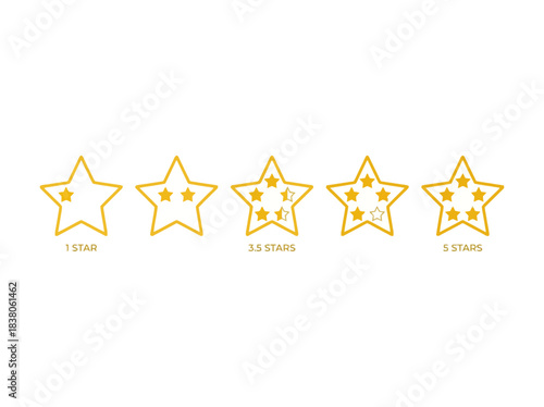 Five-star rating system with icons for user feedback and review, showing a scale from one to five stars