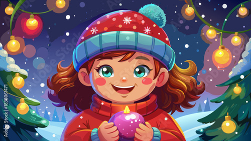Very beautiful close-up portrait of a smiling little girl wearing a red winter hat, cheeks rosy from the cold, holding a small Christmas ornament, surrounded by soft snow and warm holiday lights.