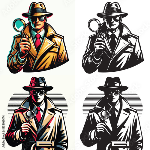 vector and silhouette set of detectives on white background
