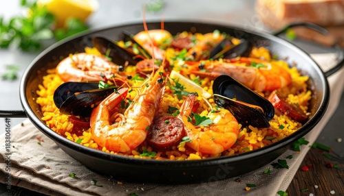 A visually appealing close-up shot of a classic Spanish seafood paella in a black pan.