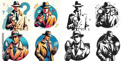 vector and silhouette set of detectives on white background