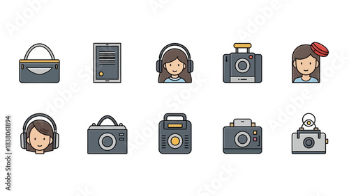 Modern collection of vector icons showcasing essential personal gadgets, media devices, and lifestyle accessories in a sleek flat design style for digital interfaces