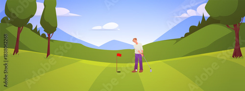 A banner with a green golf course, a character with a club, trees, and a blue sky.