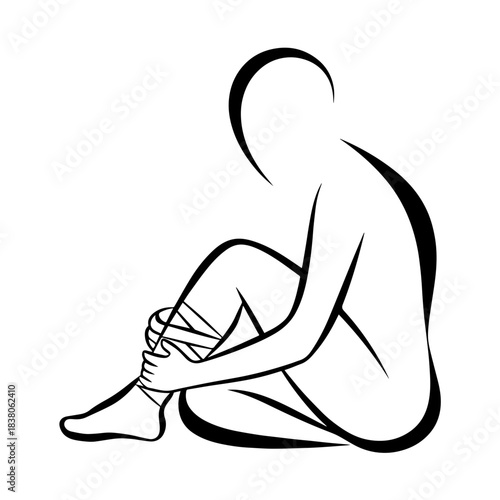Stylized silhouette of seated figure wrapping bandage around leg showing action and care for injury. Seated figure demonstrates attention to health with bandaging technique in dynamic form.