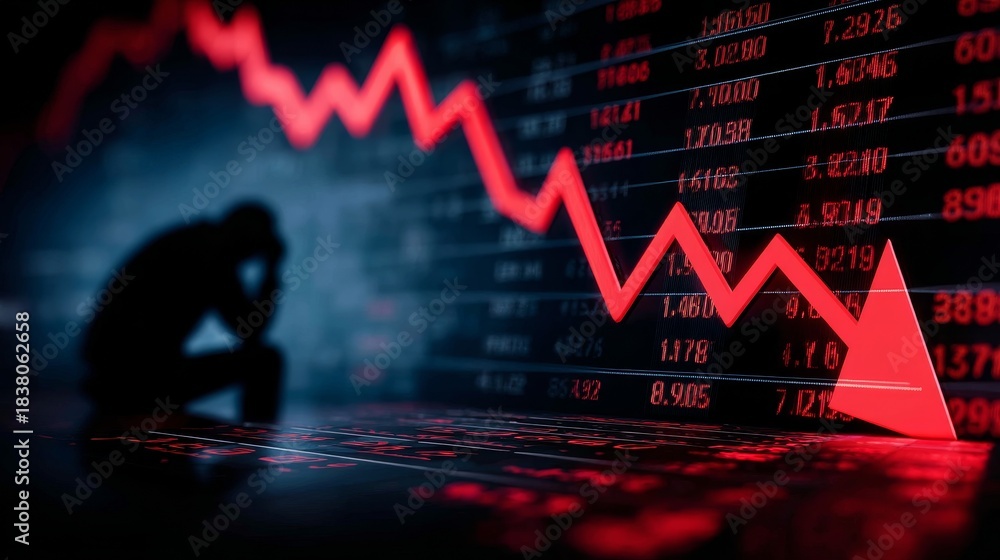 Fototapeta premium Stock market crash showing a desperate businessman and red falling arrow on digital screen