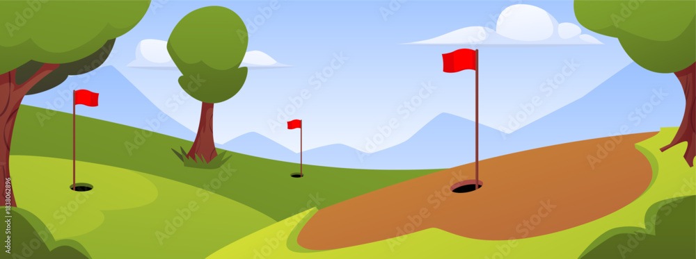 Fototapeta premium Rolling landscape with a golf course, flags, holes, trees, sky, and mountains in the background.
