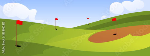 Daytime landscape of a rolling golf course with flags, holes, and a blue sky.