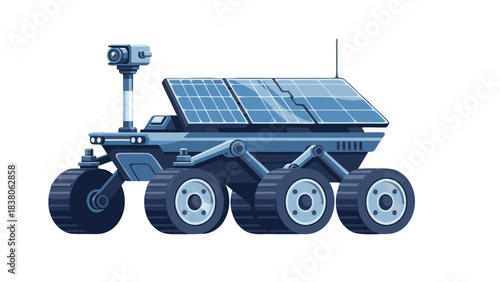 Six Wheeled Blue Mars Rover With Solar Panels and Camera On Black Background Pixel Art Style