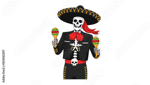 Skeleton wearing a sombrero and mariachi suit plays maracas on a black background a festive celebration of day of the dead